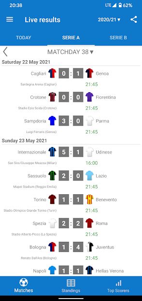 Live Scores for Serie A Italy 2021/2022