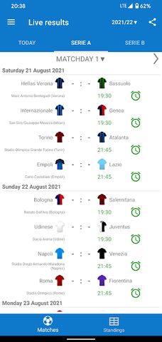 Live Scores for Serie A Italy 2021/2022